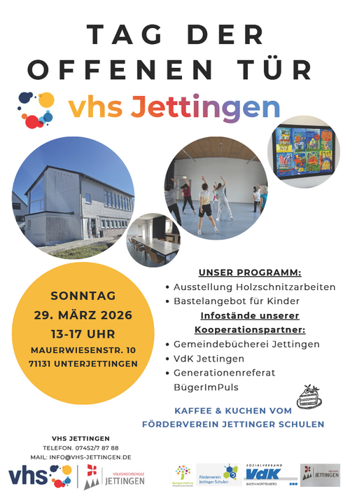 Plakat zum Tag der offenen Tür der VHS Jettingen am 29. März 2026 von 13–17 Uhr mit Programmübersicht, Bildern der Einrichtung und Hinweisen auf Ausstellungen, Kinderangebote und Infostände.